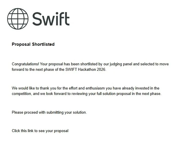 SWIFT Hackathon 2026 notification: Proposal Shortlisted